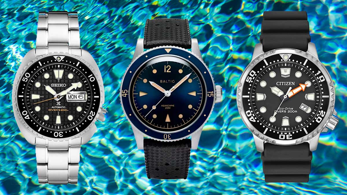 Seiko SRPE03 “King Turtle,” Baltic Aquascaphe and Citizen Promaster Diver, three dive watches under $1,000 on a blue water background