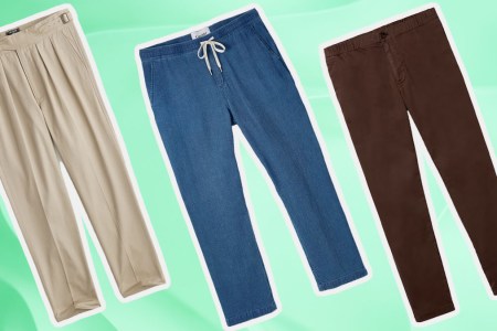 a collage of lightweight pants on a gradient green background