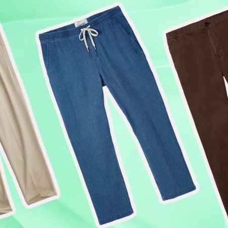 a collage of lightweight pants on a gradient green background