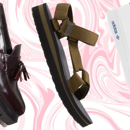 a collage of footwear from Nordstroms on a swirl marbled pink background