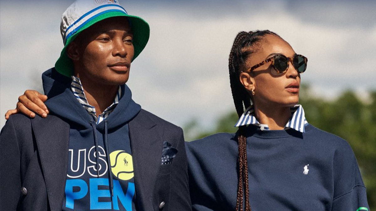 two models against the sky wearing the Polo Ralph Lauren x US Open 2022 Collection