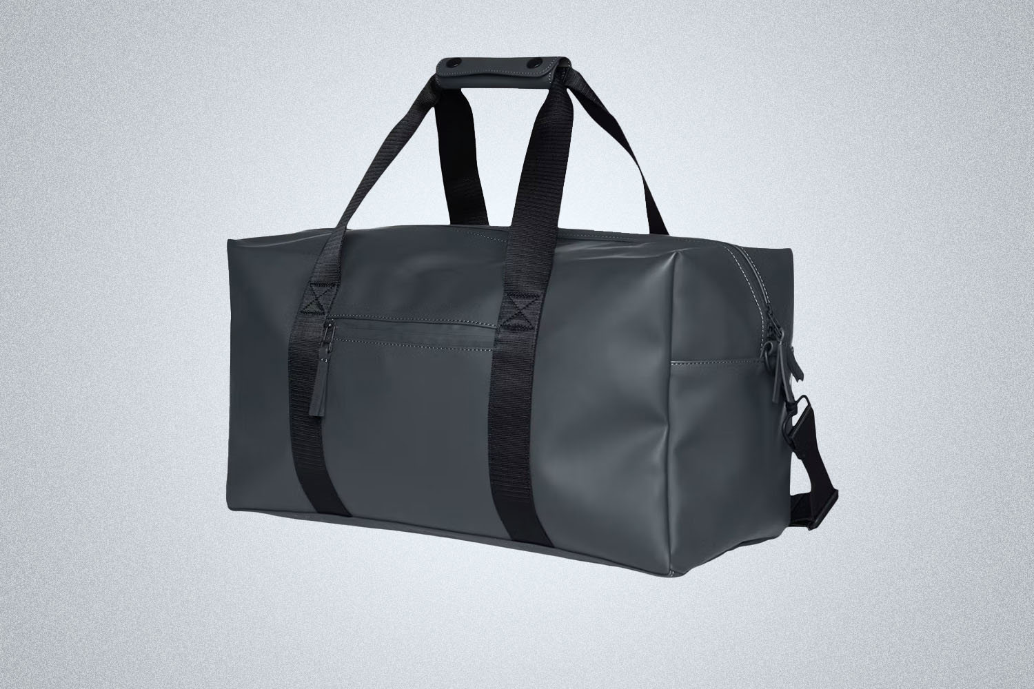 A slate grey duffle gym bag from RAINS on a grey background