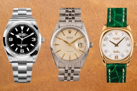 Three affordable Rolex watches on a faux-leather background