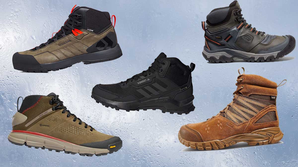 A sampling of waterproof boots on a water drop