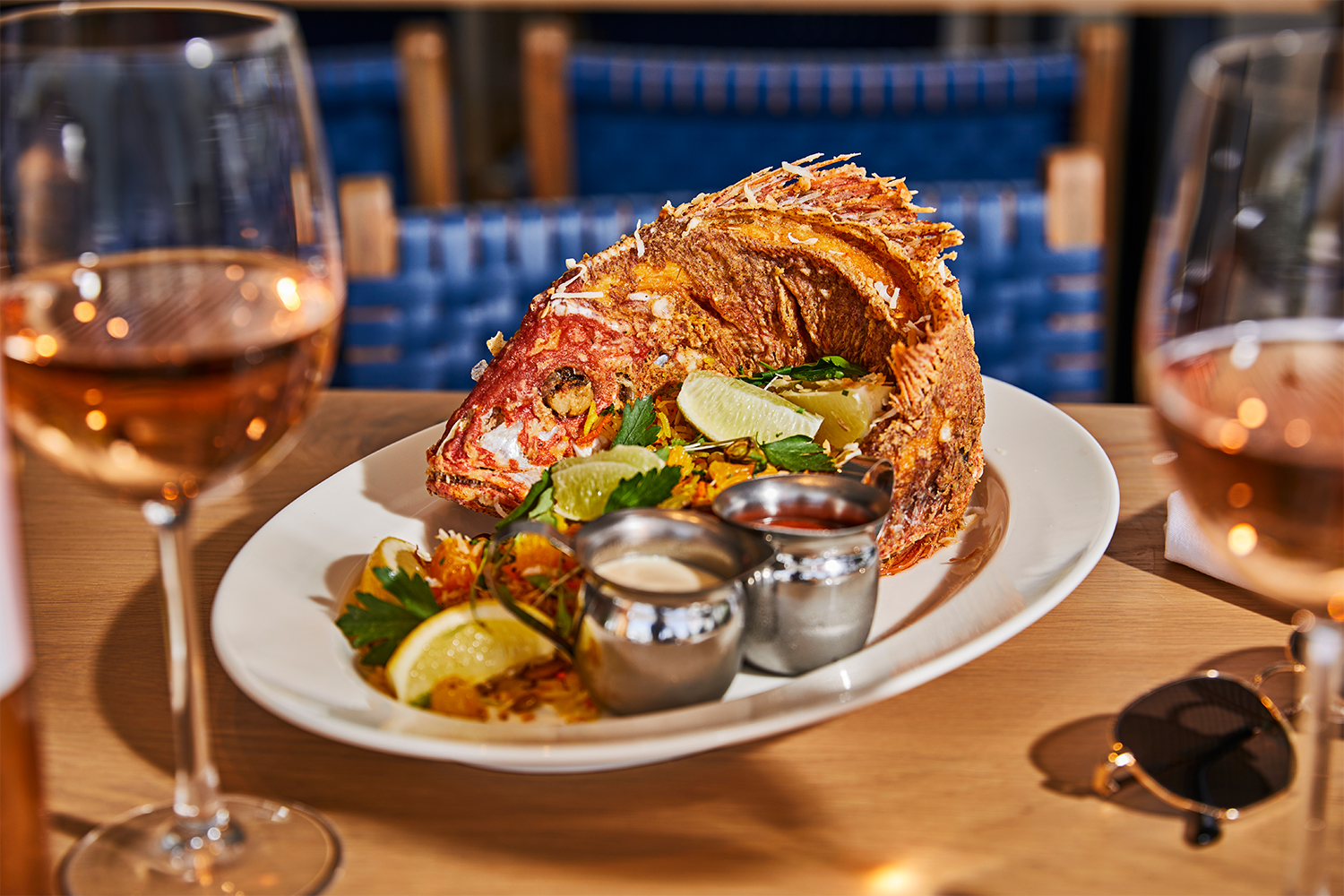 The whole fried snapper from Bayshore Club in the Coconut Grove neighborhood of Miami, Florida