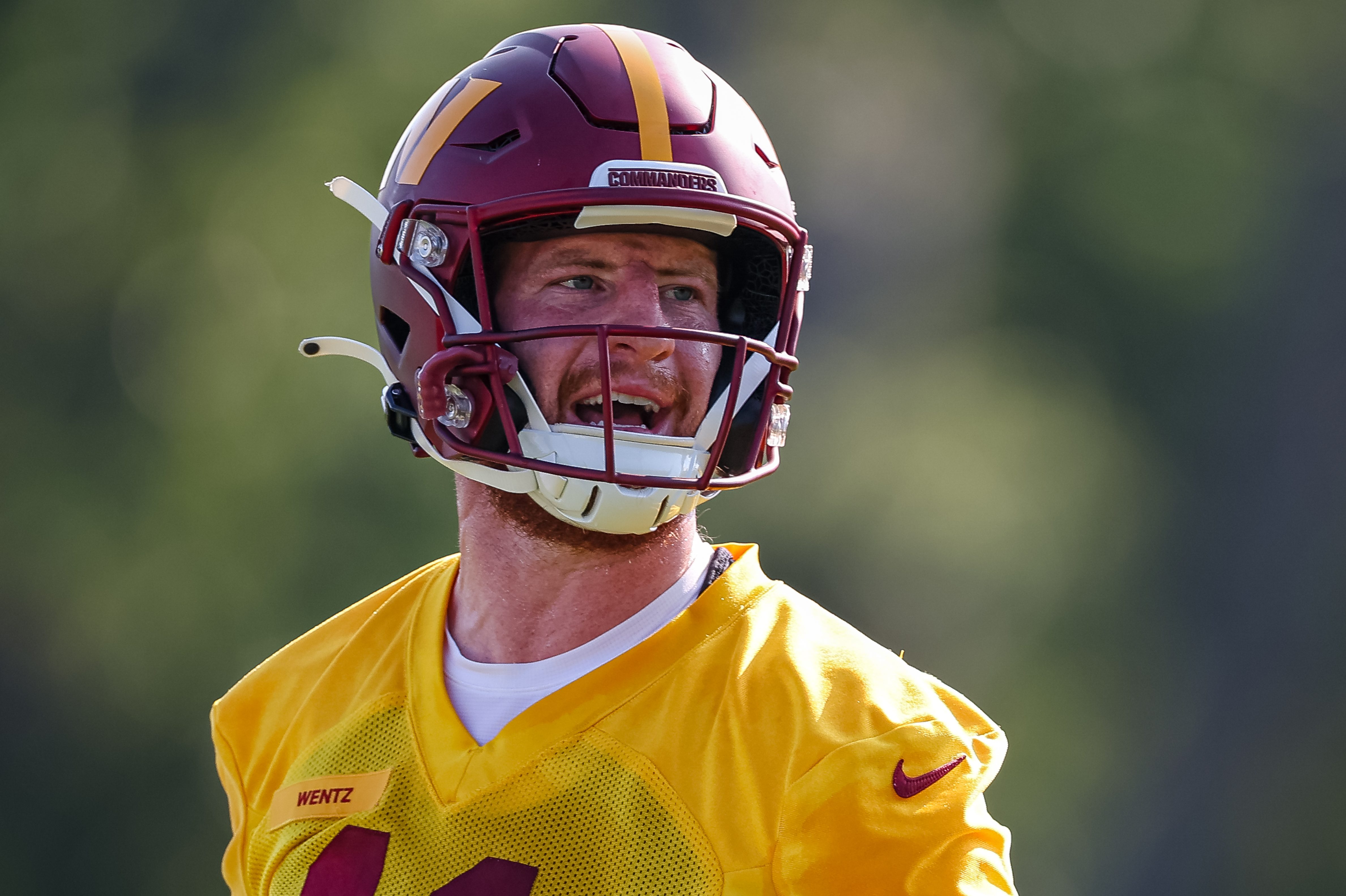 Quarterback Carson Wentz of the Washington Commanders at training camp.