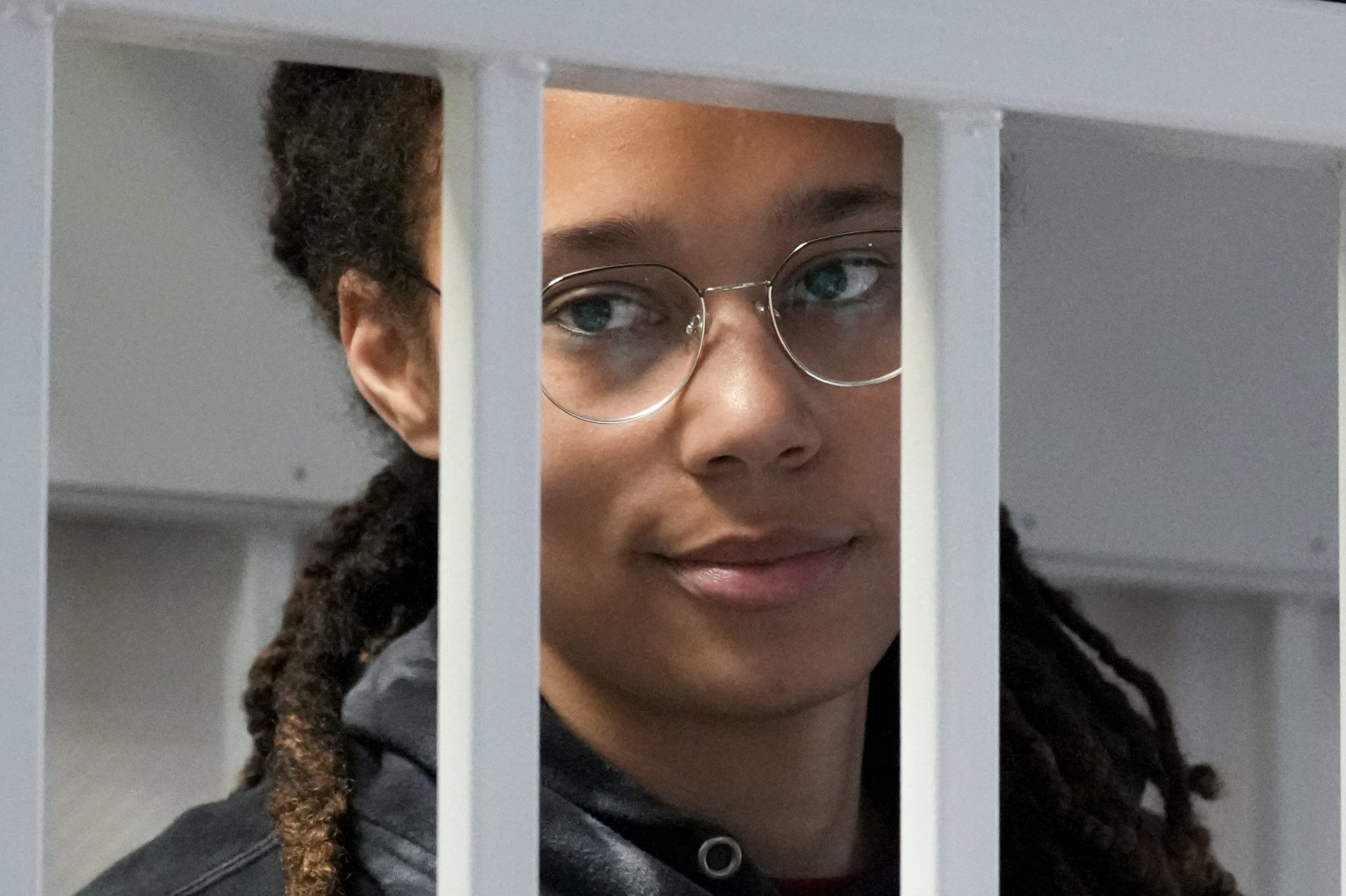 Brittney Griner gets ready for questioning at Khimki City Court in Moscow