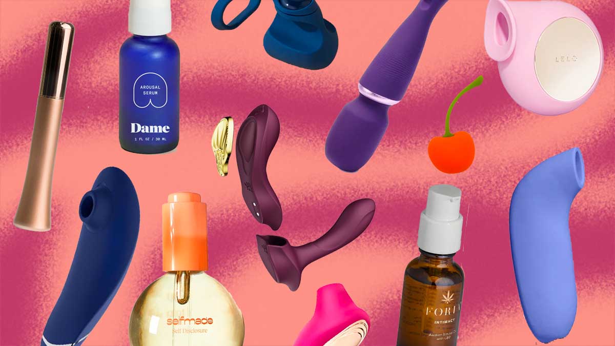 A collage of different vibrators, toys and lubricants.