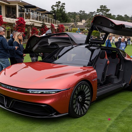 The DeLorean Alpha5, an electric vehicle from the revamped company behind the DMC-12, displayed at the Pebble Beach Concours d’Elegance at Monterey Car Week