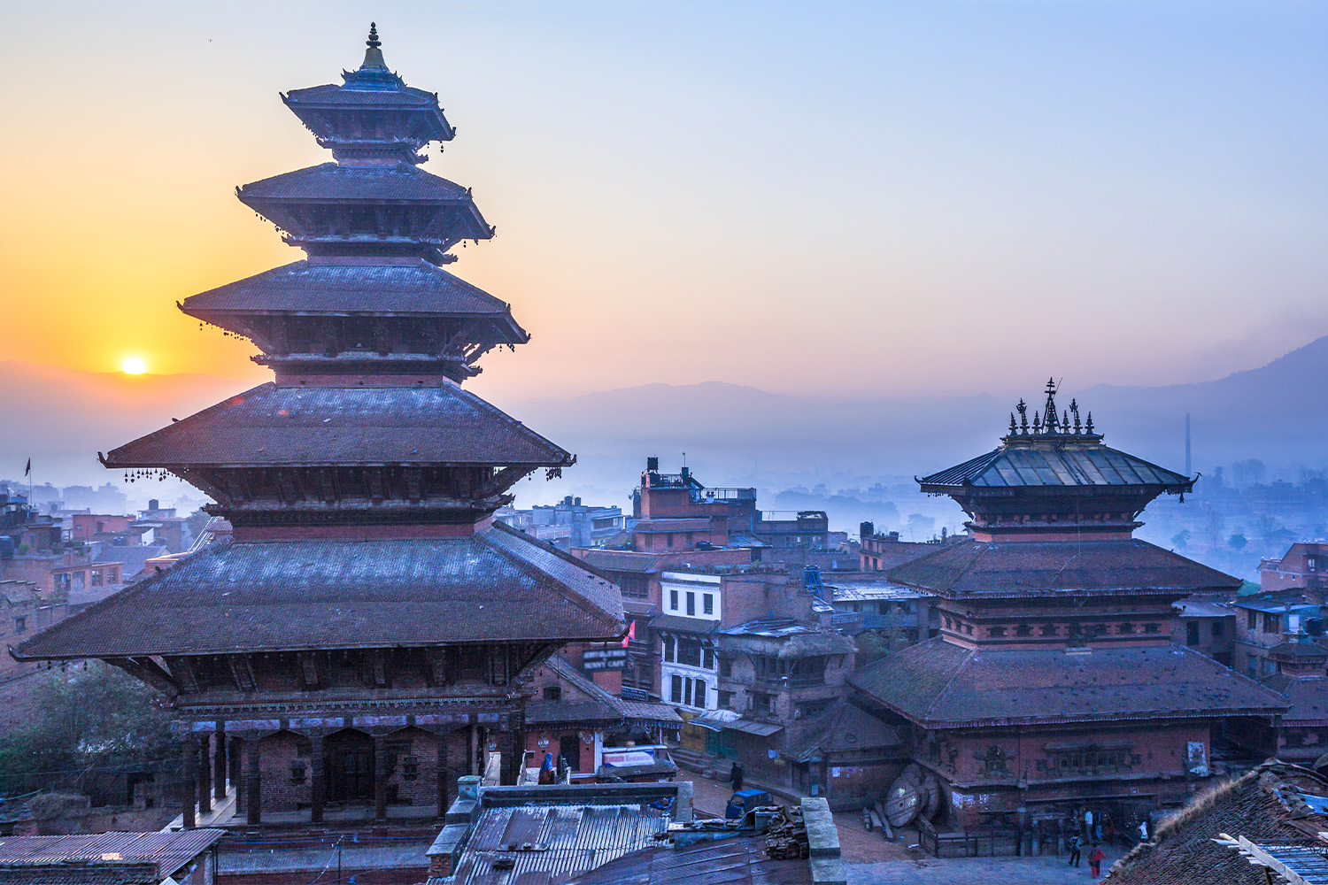 Dawn light over ancient temples in Bhaktapur