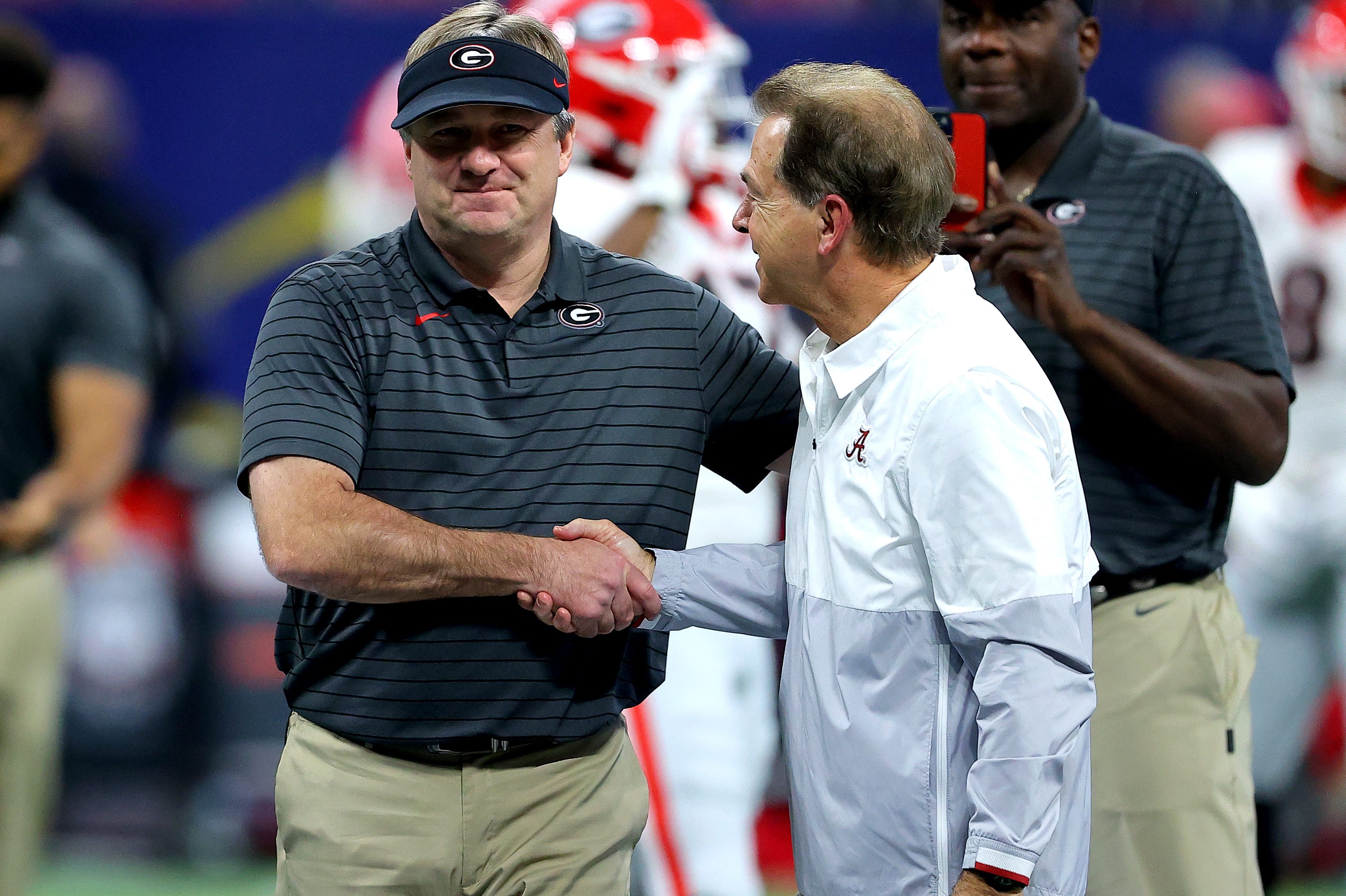 Head coach Nick Saban of Alabama with Georgia coach Kirby Smart at the SEC Championship game