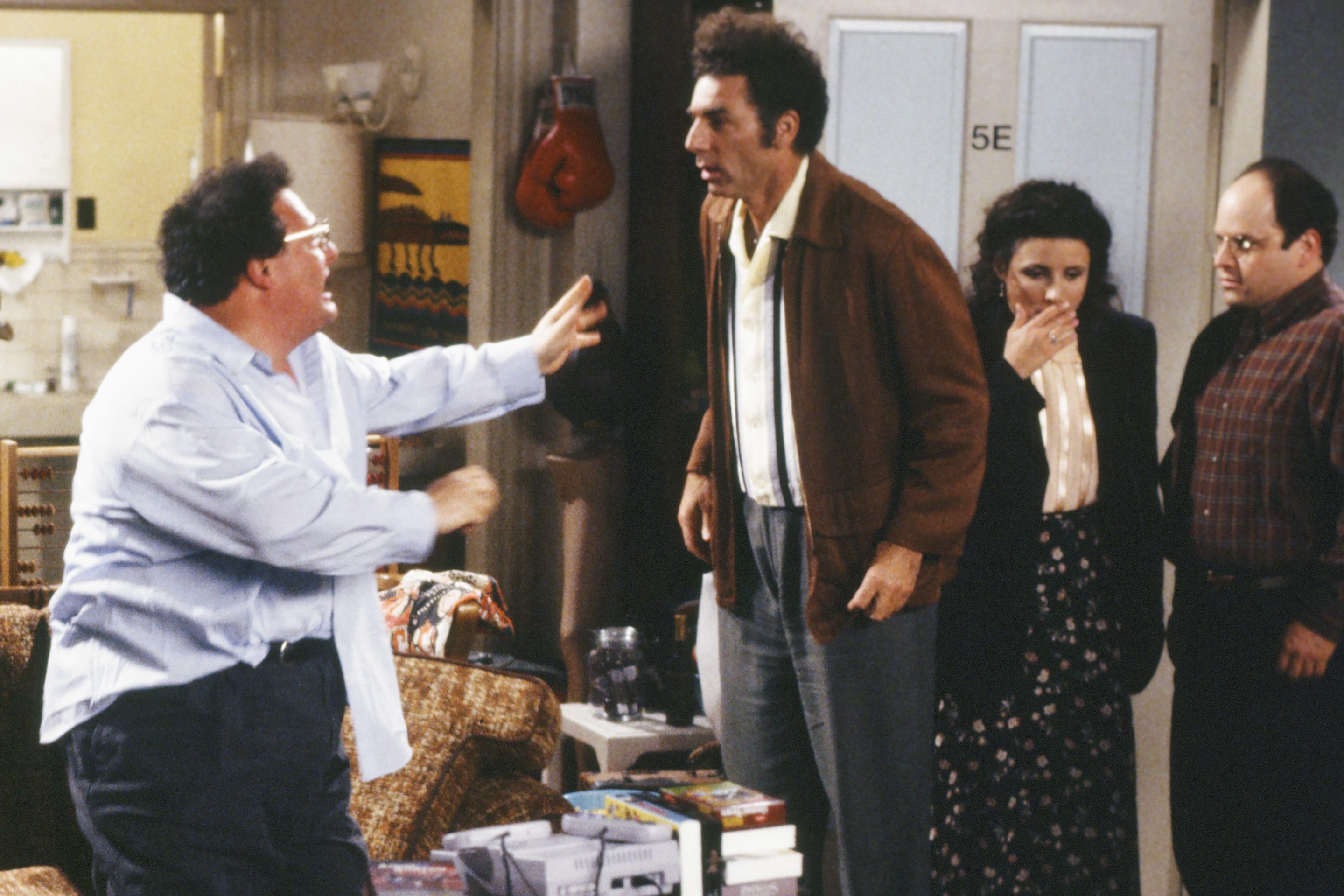 Wayne Knight as Newman, Michael Richards as Kramer, Julia Louis-Dreyfus as Elaine Benes and Jason Alexander as George Costanza on "Seinfeld."