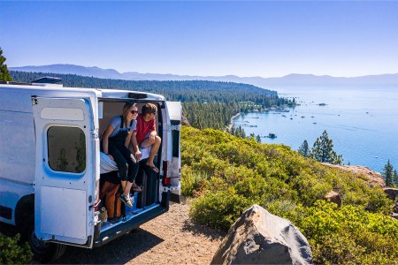 couple van camping in lake tahoe