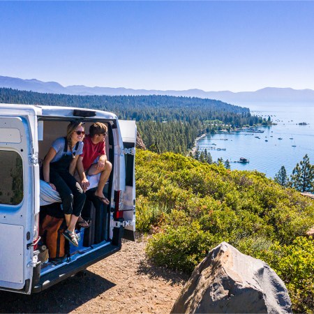 couple van camping in lake tahoe