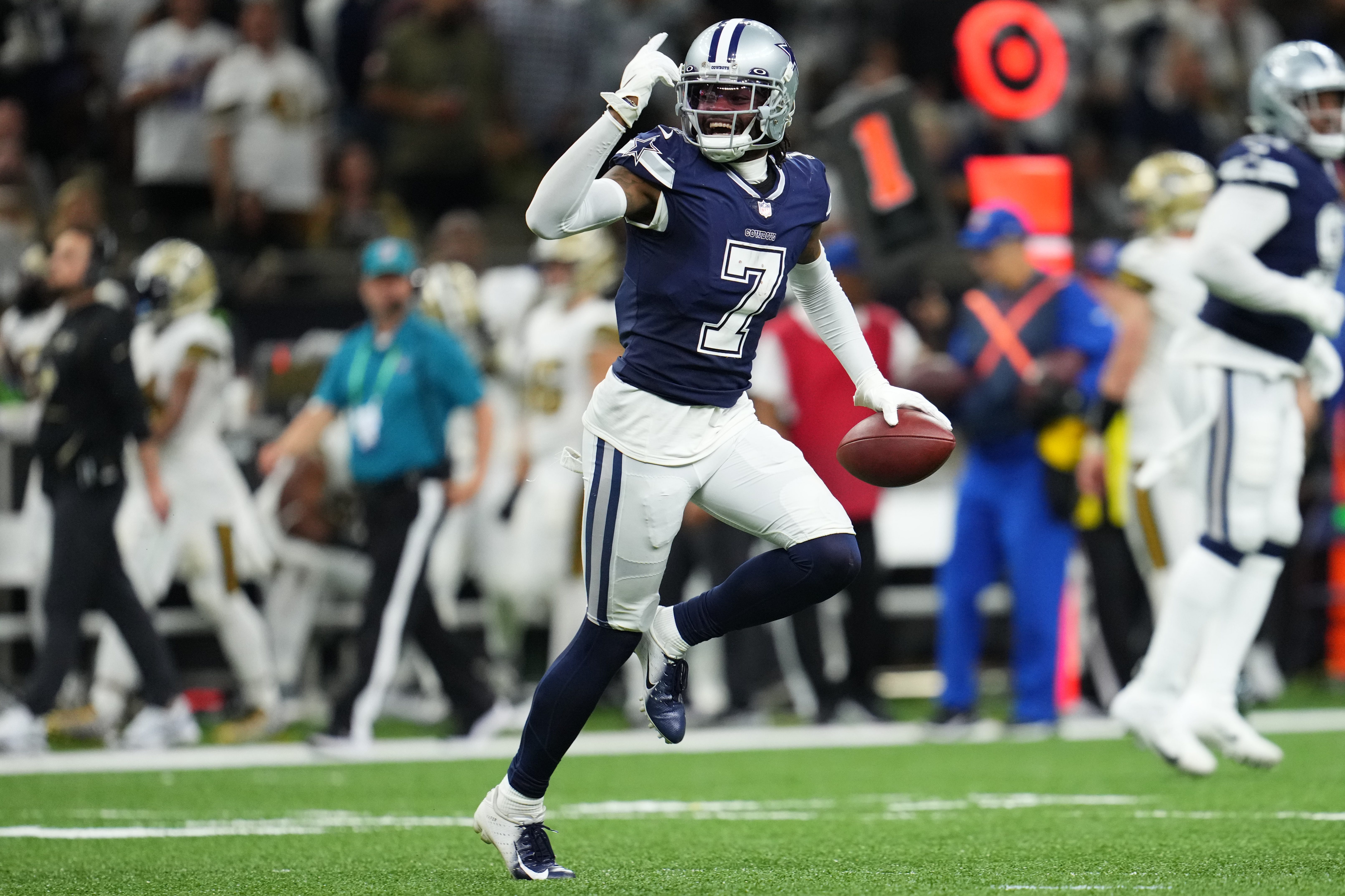 Dallas Cowboy Trevon Diggs celebrates against the New Orleans Saints.