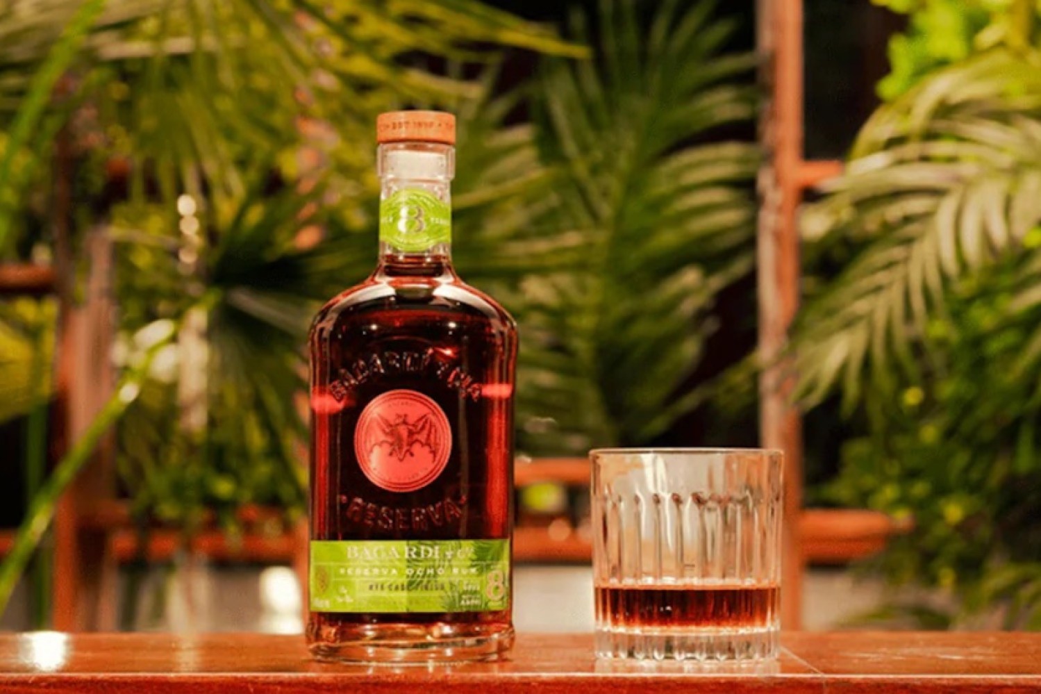 a bottle of Bacardi rum next to a poured glass on a wooden table against a leafy background