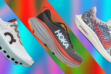 a collage of cushioned running shoes from men from Hoka, Nike and On an blue colored background