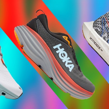 a collage of cushioned running shoes from men from Hoka, Nike and On an blue colored background