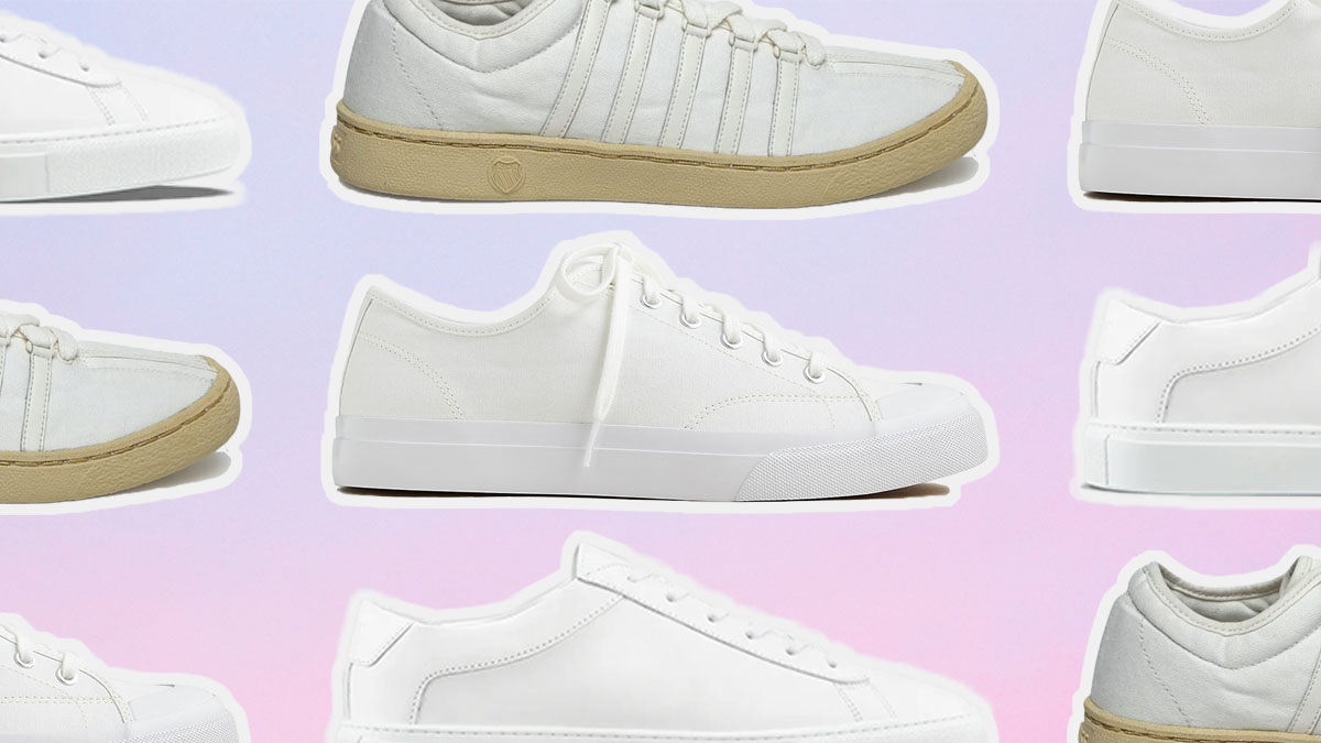 a collage of the best white sneakers for men on a pink gradient background