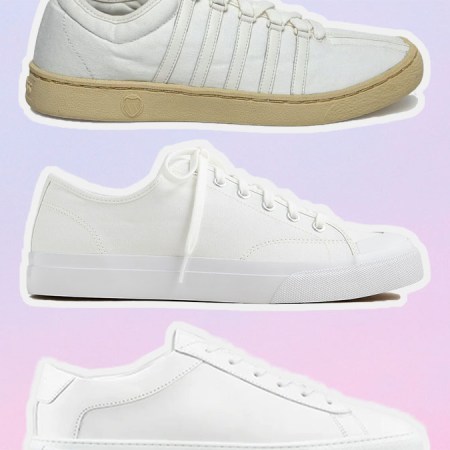 a collage of the best white sneakers for men on a pink gradient background