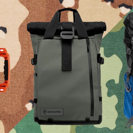 a collage of camera bags on a two-toned camo background