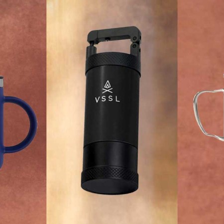 A VSSL JAVA Manual Hand Coffee Grinder, Snow Peak Titanium French Press and a Hydro Flask Mug on brown textured backgrounds.