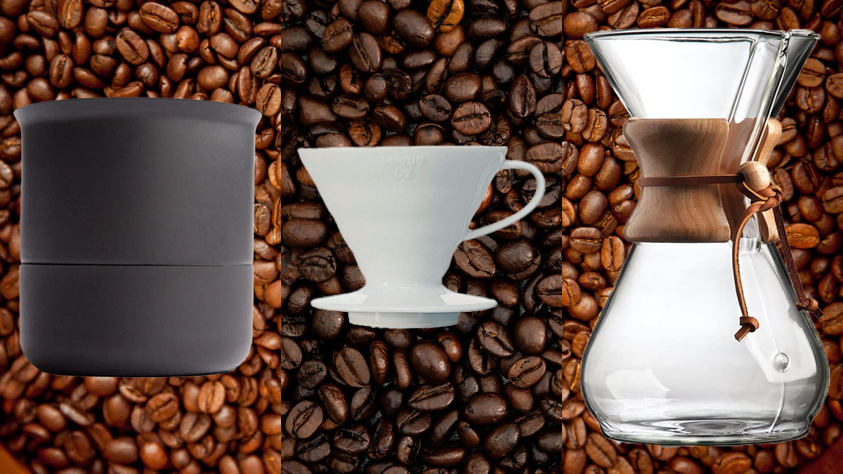 a collage of pour over devices for coffee on a bean background