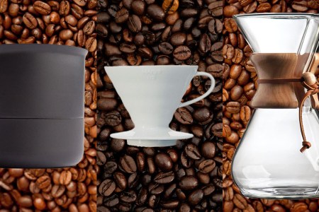 a collage of pour over devices for coffee on a bean background