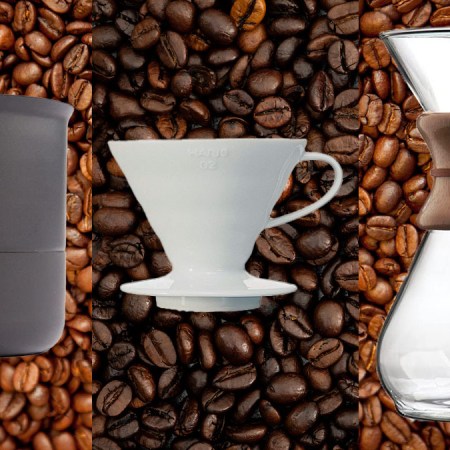 a collage of pour over devices for coffee on a bean background