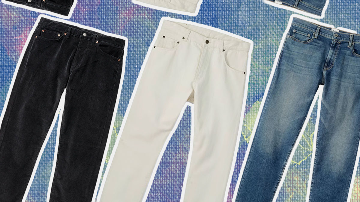 a collage of comfortable men's jeans on a denim background