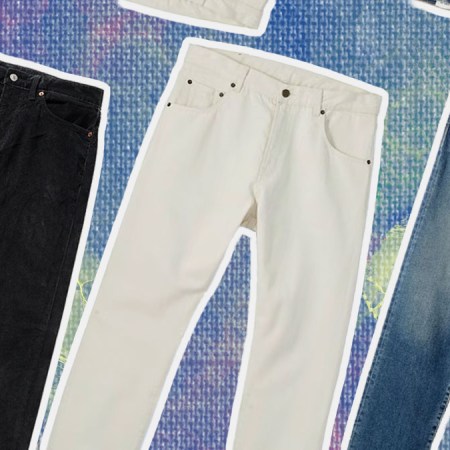 a collage of comfortable men's jeans on a denim background