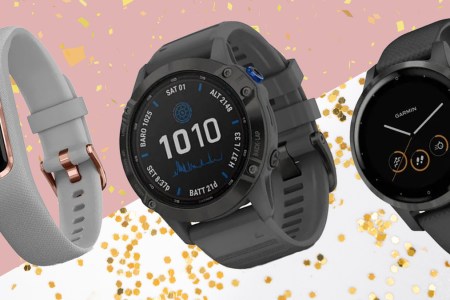 a collage of Garmin smartwatches on a composite confetti image