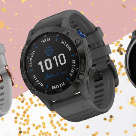 a collage of Garmin smartwatches on a composite confetti image