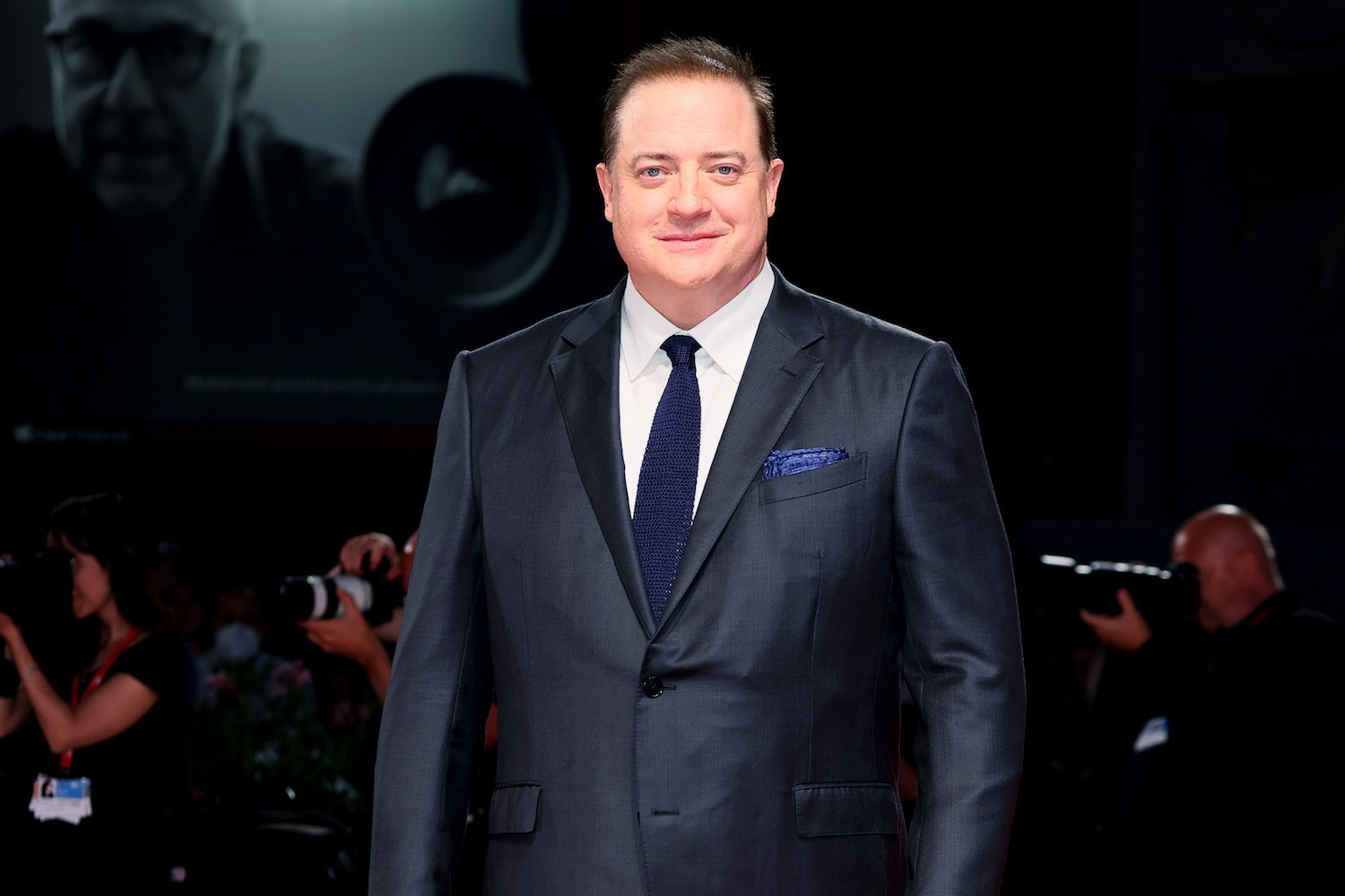 A red carpet photo of actor Brendon Fraiser at the 79th International Venice Film Festival