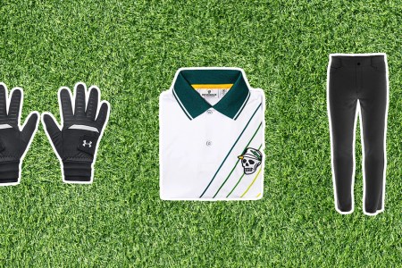 Three golf style and gear items from Under Armour, Devereux and Callaway on a green grass background.