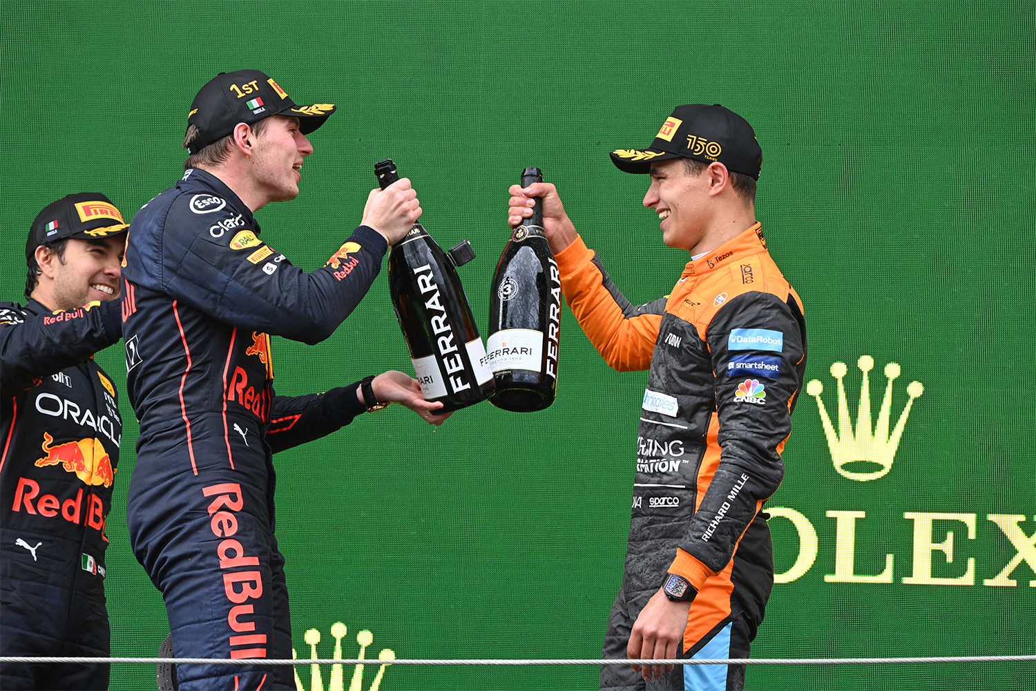 Sergio Perez, Max Verstappen and Lando Norris after the F1 Emilia Romagna Grand Prix in 2022