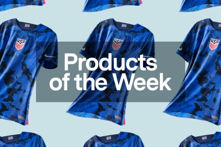 a collage of Nike USMNT Soccer Jersey on a light blue background with the Products of the Week logo overlayed