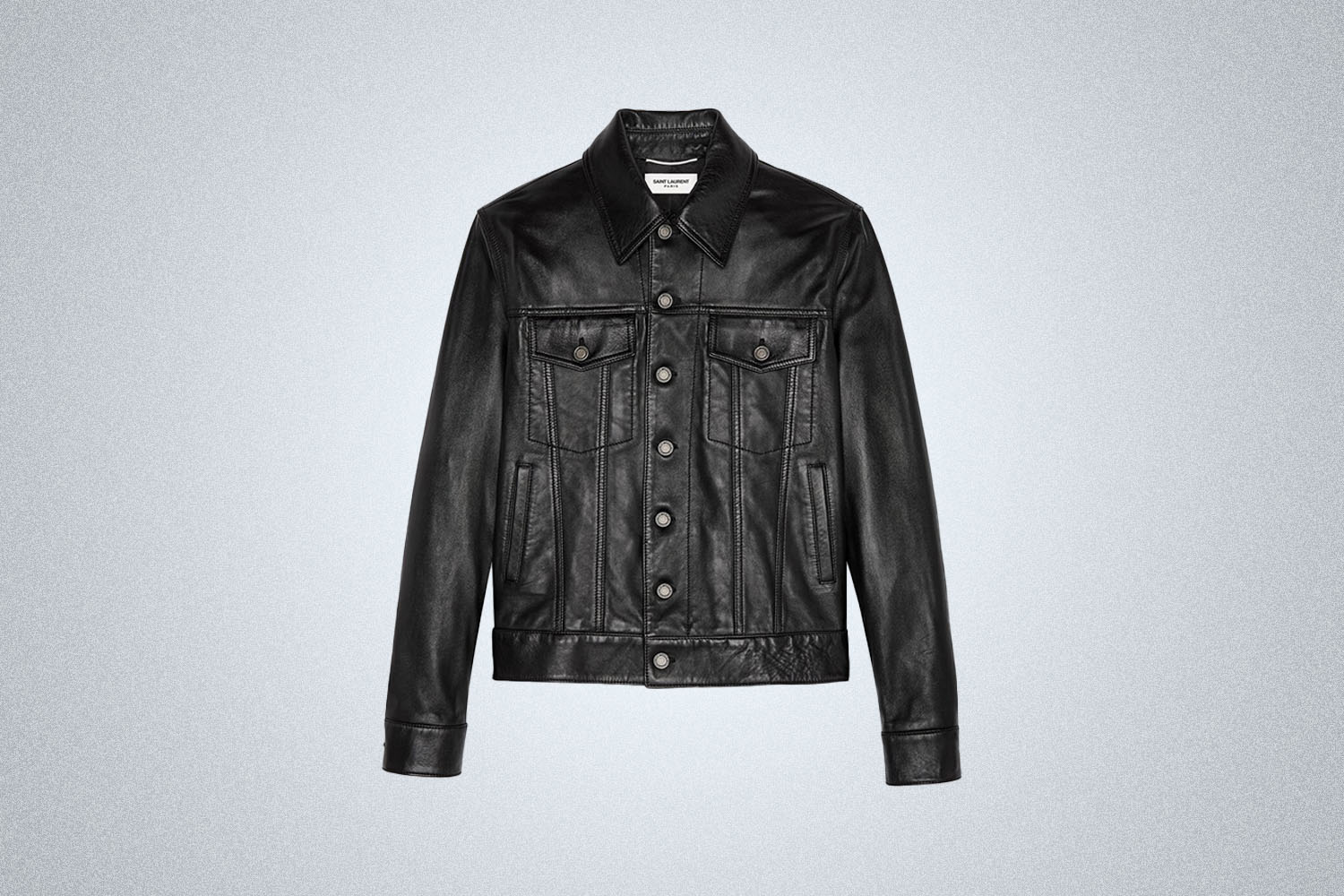 The Saint Laurent Lambskin Denim Jacket on a gray background