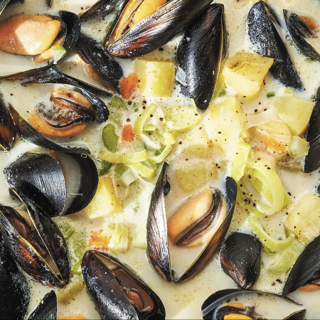 Mark Bittman's mussel chowder can also be made with clams.