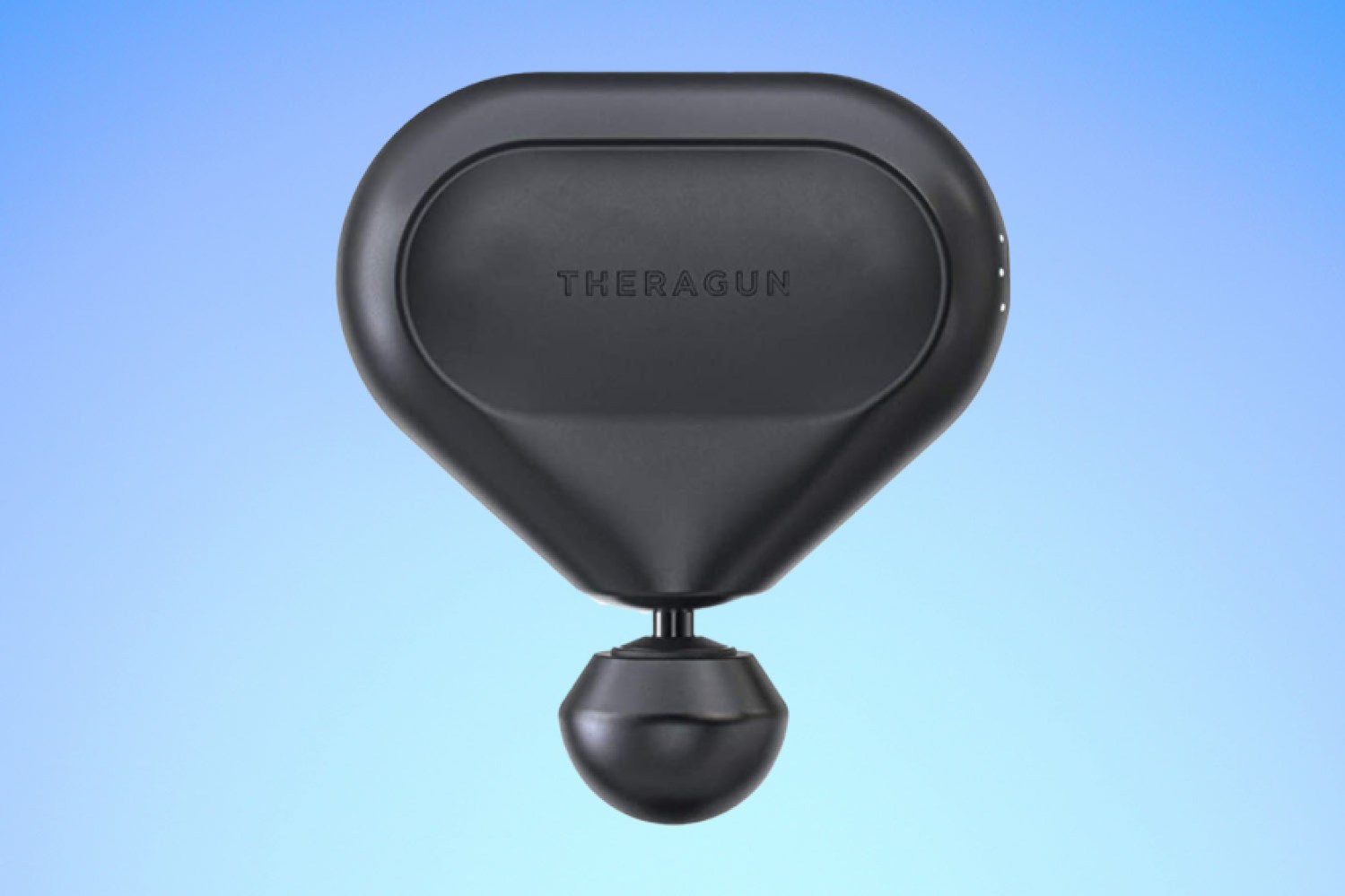 a Theragun mini massage gun on a blue gradient background