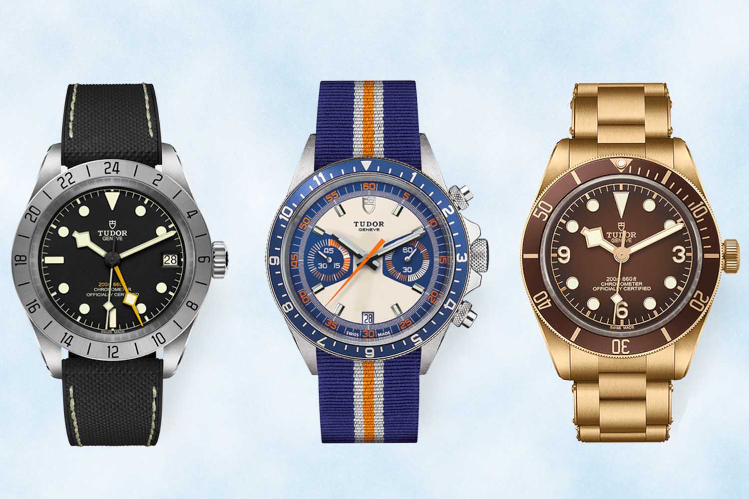 Tudor Black Bay Pro, Tudor Heritage Chrono Blue and Tudor Black Bay Fifty-Eight Bronze watches, on a light blue background