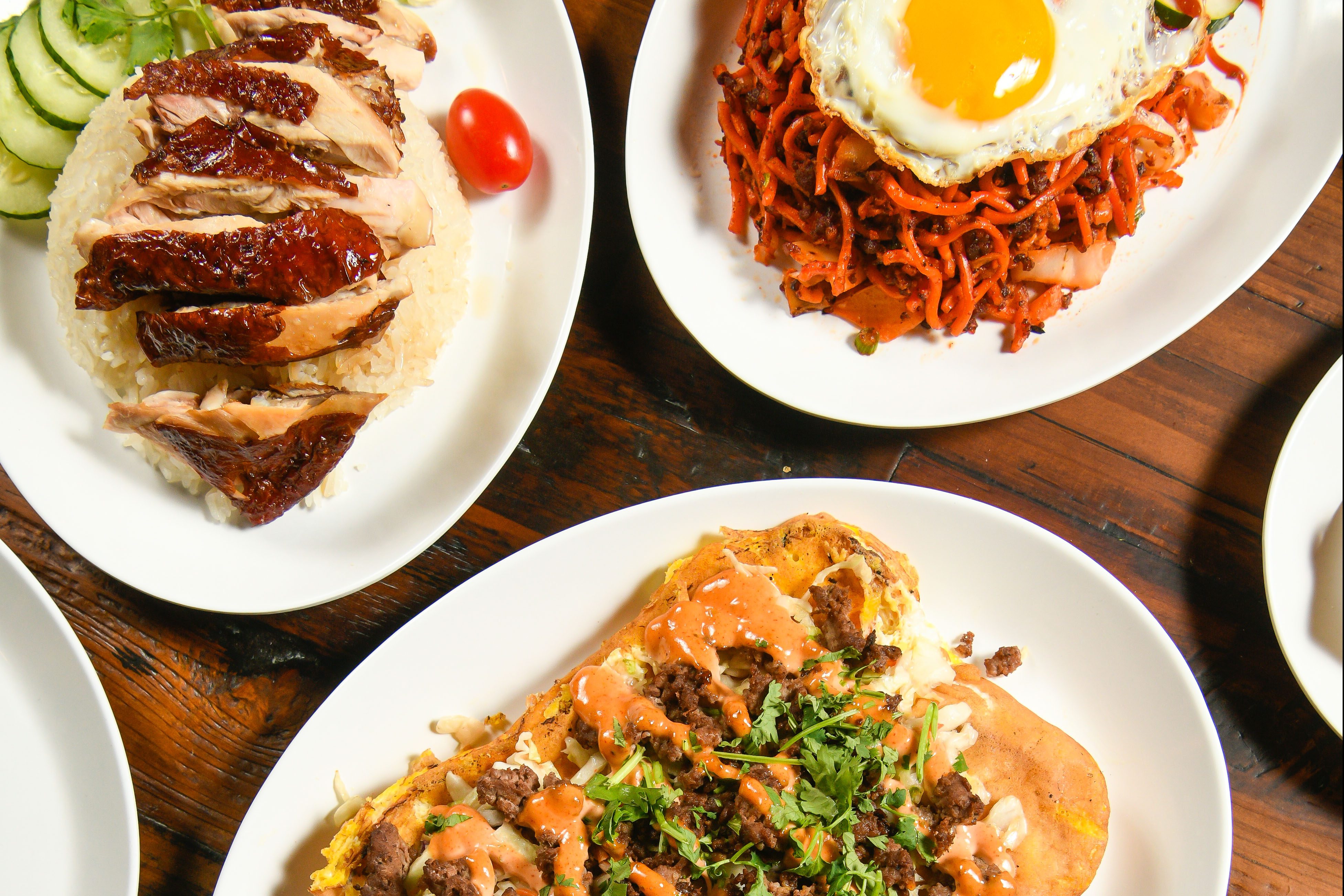 Urban Hawker's food on display on a table.