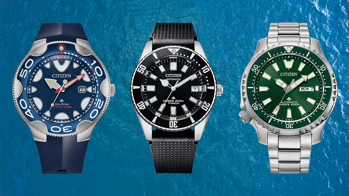 A Promaster Dive Orca, Fujitsubo Automatic and Promaster Dive Automatic in green, all Citizen watches that are now for sale at Huckberry