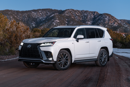 The 2022 Lexus LX 600 SUV in white. We tested the F Sport trim in our review.