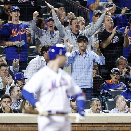 Fans cheer as Pete Alonso of the New York Mets prepares to bat.