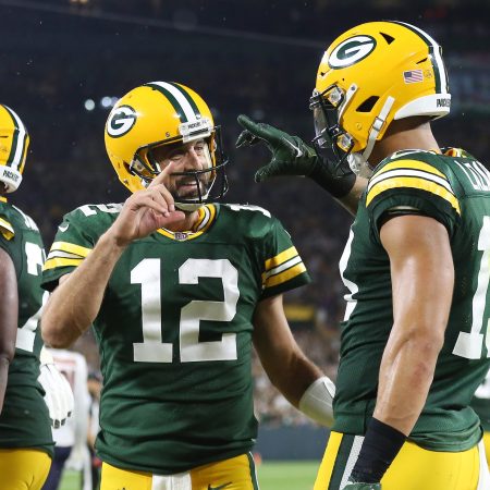 Quarterback Aaron Rodgers and wide receiver Allen Lazard celebrate a Packers touchdown. Green Bay did an ayahuasca themed TD celebration on Sunday.