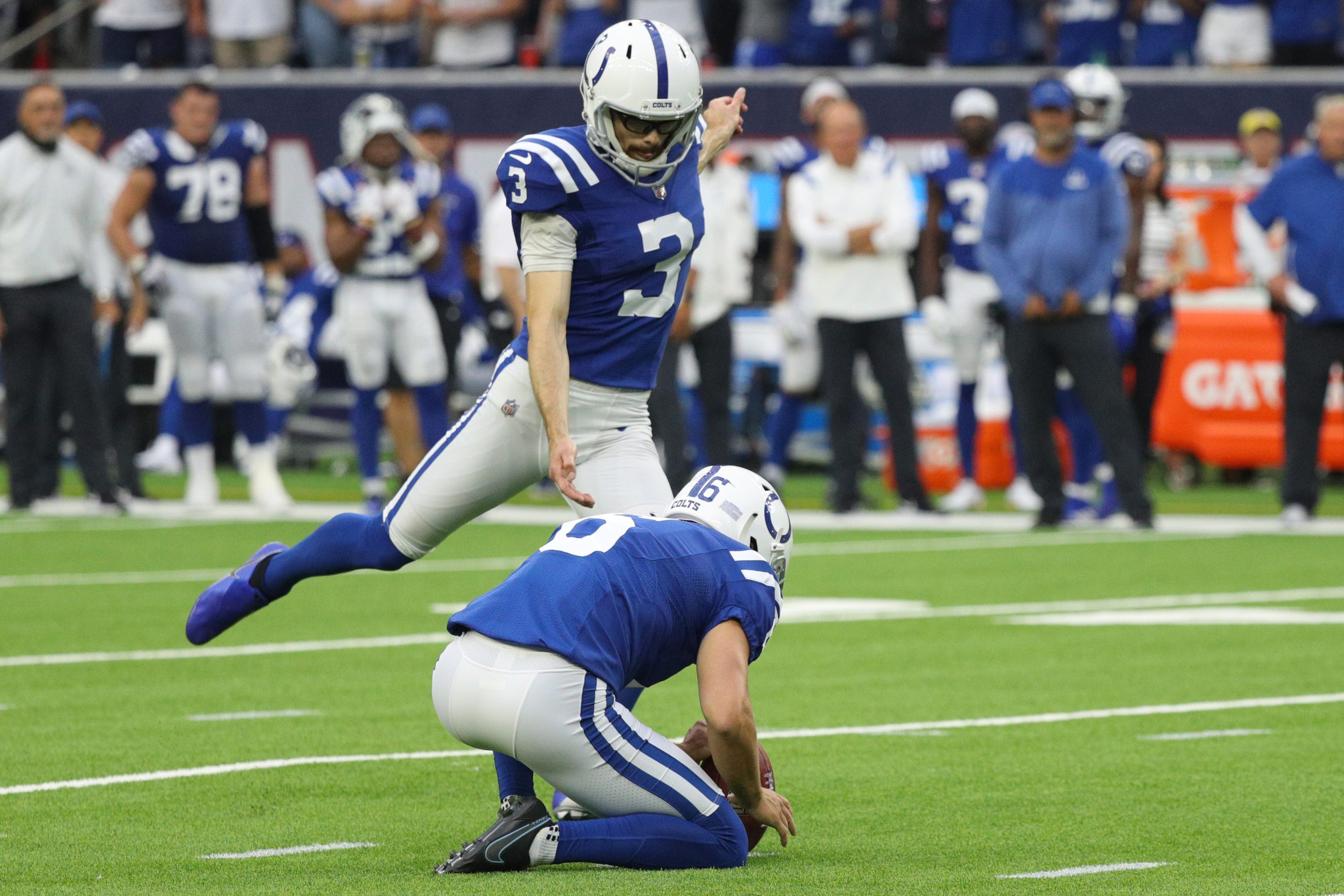 Rodrigo Blankenship about to miss a field goal attempt during overtime against the Houston Texans in the NFL on Sunday, September 11. He was one of many NFL kickers who had a bad day.