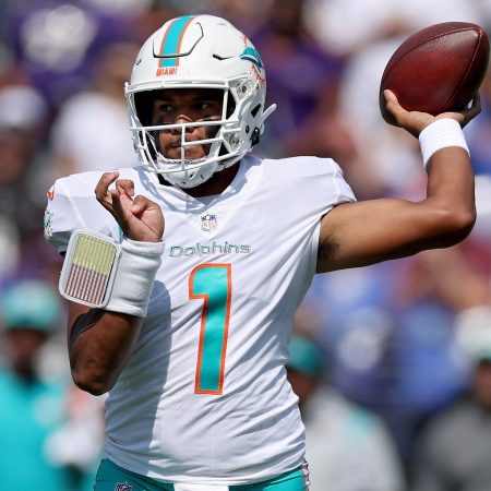 Tua Tagovailoa of the Miami Dolphins throws a pass in the first quarter. Here are all the stats from their September 18 win over the Baltimore Ravens.