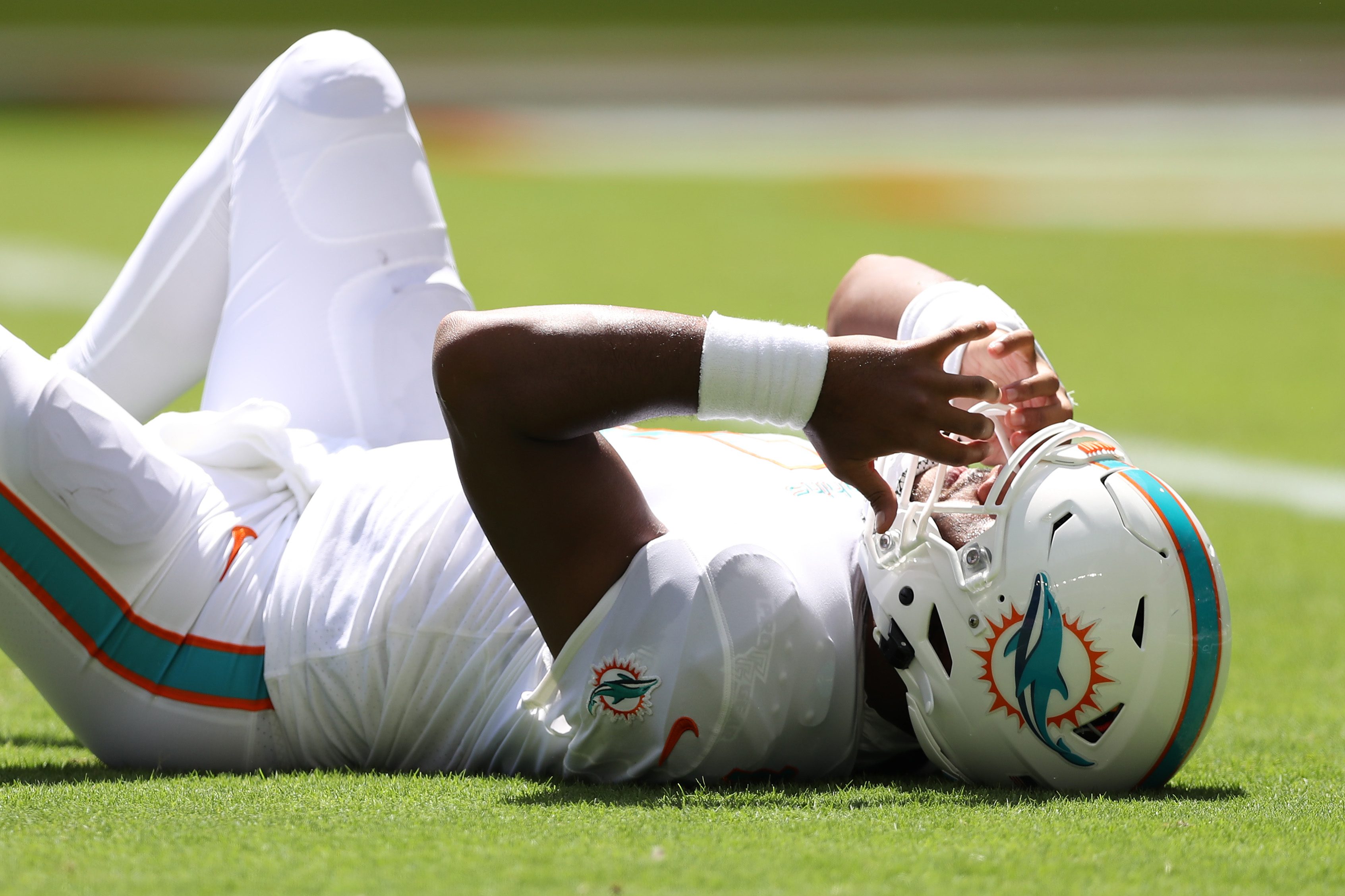 Tua Tagovailoa on the turf during the second quarter against the Buffalo Bills. It's unclear if Tagovailoa suffered a concussion during the game.