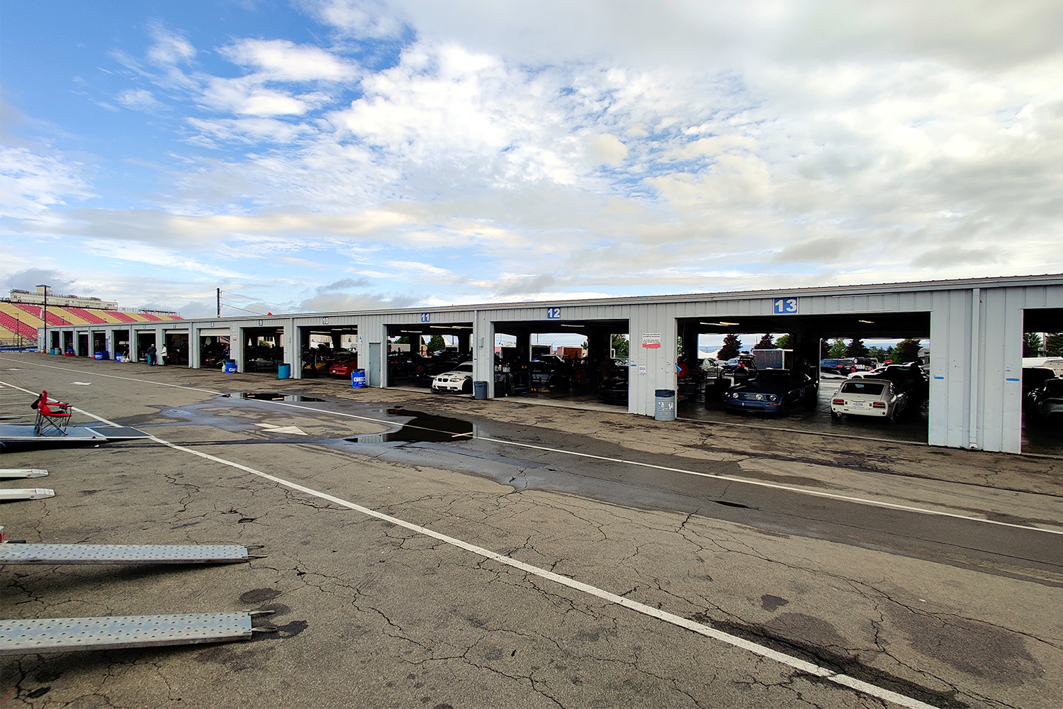 A little rain on the ground outside the garage at Watkins Glen International racetrack